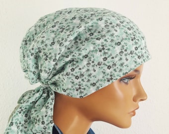 Damen Sommer Kopftuch Mütze Weiß Grün Streublümchen Öko-Baumwolle/Musselin  Chemo Krebs statt Perücke