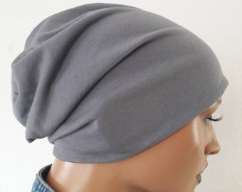 Damen Wendemütze Mütze Beaniemütze  Grau Baumwolle Viskose Jersey 2 Seitig  Chemo Alopezie
