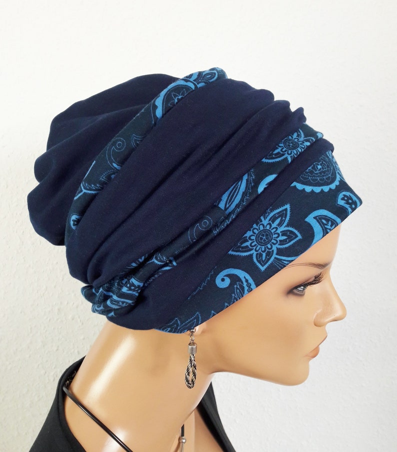 Originelle Damen Kopfbedeckung Wickeltuch Mütze Turban Dunkel Blau 2 Varianten Chemo Baumwolle Jersey statt Perücke Bild 6