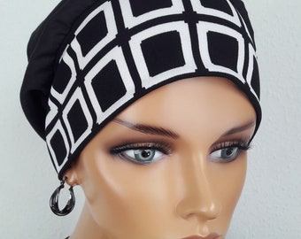 Elegante Mütze Ballonmütze Baskenmütze Beanie Schwarz Weis  Chemo  Alopezie statt Perücke