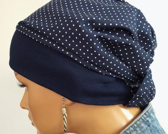 Women's headscarf hat night blue wise polka dots pure cotton + jersey band chemo alopecia