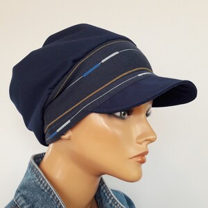 LUXUS Damen Schirmmütze Mütze Marine Blau Baumwolle Jersey-Streifen Band Chemo Alopezie Bild 3