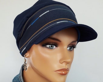 LUXURY Women's Baseball Cap Navy Blue Cotton Jersey Stripes Ribbon Chemo Alopecia