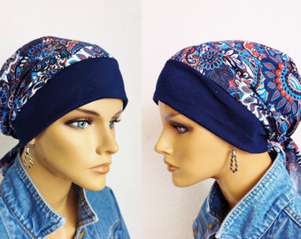 Damen Kopfbedeckung  Tuch Mütze Turban Nacht Blau Türkis Bunt Viskose, Baumwolle + Jersey Chemo Alopezie