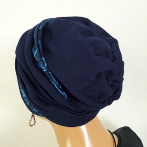 Originelle Damen Kopfbedeckung Wickeltuch Mütze Turban Dunkel Blau 2 Varianten Chemo Baumwolle Jersey statt Perücke Bild 8