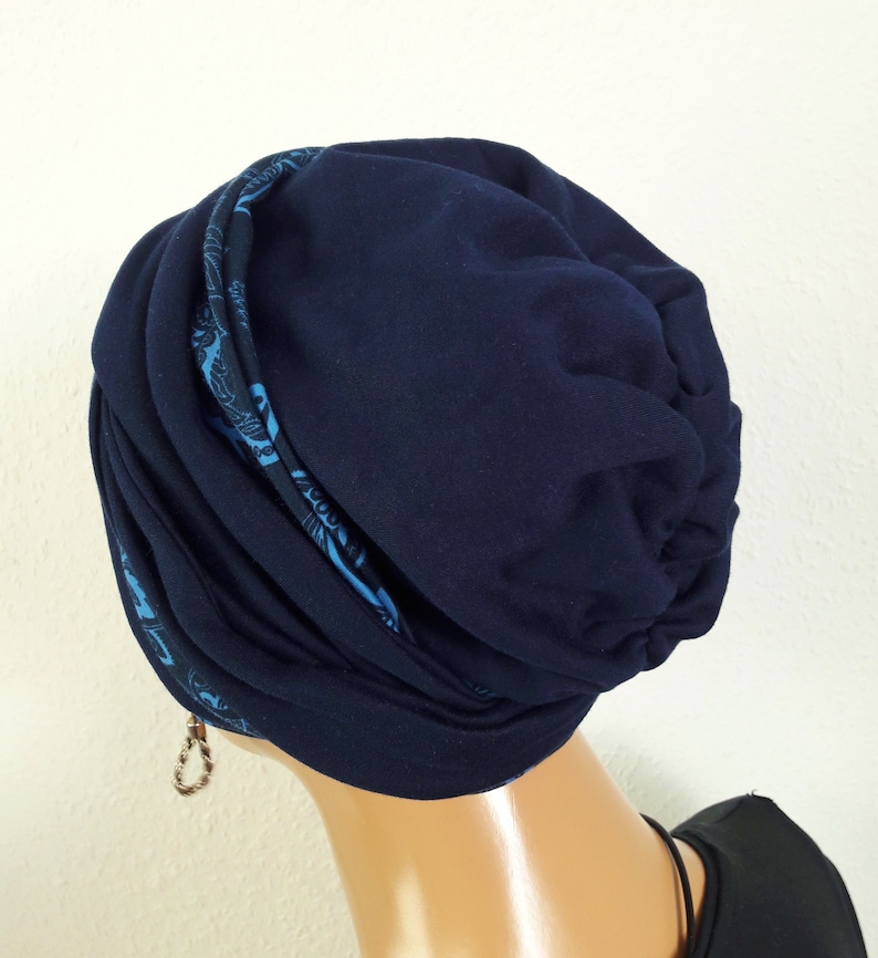 Originelle Damen Kopfbedeckung Wickeltuch Mütze Turban Dunkel Blau 2 Varianten Chemo Baumwolle Jersey statt Perücke Bild 8