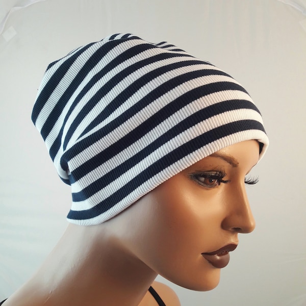Bonnet pour femme Bonnet Long Cap Bonnet Bonnet Weis Marine Rayé Coton Côtes Single Couche Chemo Alopécie