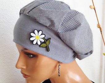 Sommer Ballonmütze  Beanie Mütze Baskenmütze 100%Baumwolle +Jersey Grau Weiß Schwarz Karo Chemo Alopezie