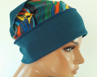DAMEN Mütze Kopfbedeckung Beanie Longmütze Mütze Petrol Bunt Baumwolle Cotton Jersey Chemo Alopezie