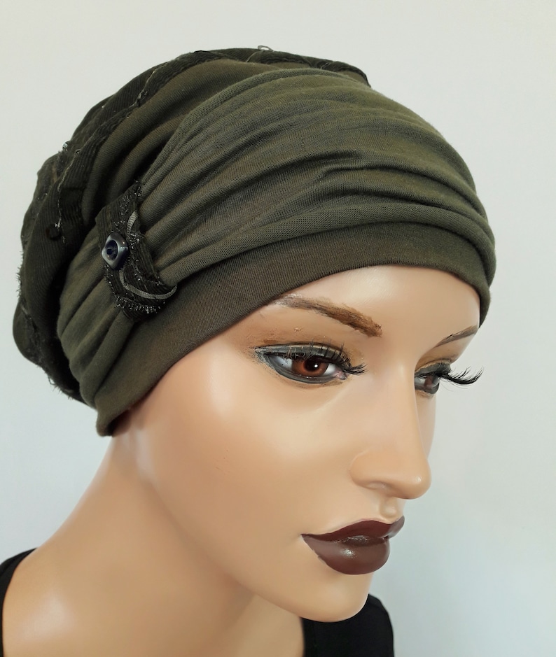 LUXURY Ladies Balloon Hat Winter Hat Dark Olive Kord with Pallets Embroidery CuffS Chemo Alopecia Instead of Wig