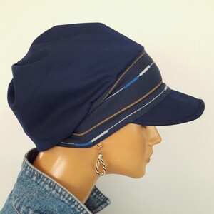 LUXUS Damen Schirmmütze Mütze Marine Blau Baumwolle Jersey-Streifen Band Chemo Alopezie Bild 7