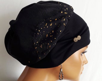 FESTLICH Damen Ballonmütze Schwarz Gold Knitter Taft  Chemo Alopezie Baskenmütze Gefüttert mit Baumwolle /Jersey statt Perücke