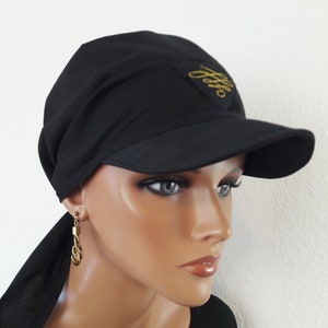 LUXURY peaked cap headscarf black convertible cloth pure cotton chemo alopecia