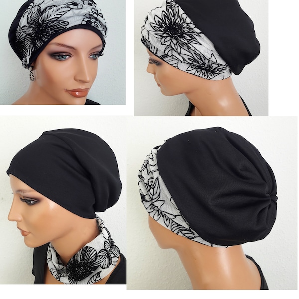 Bonnet femme Bonnet noir blanc paillettes coton Viscose jersey Bandeau 2 tg. Alopécie chimio au lieu de perruque