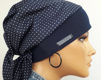 Damen Kopfbedeckung  Tuch Mütze Nacht Blau Weise Tupfen reine Baumwolle + Jersey Chemo Alopezie