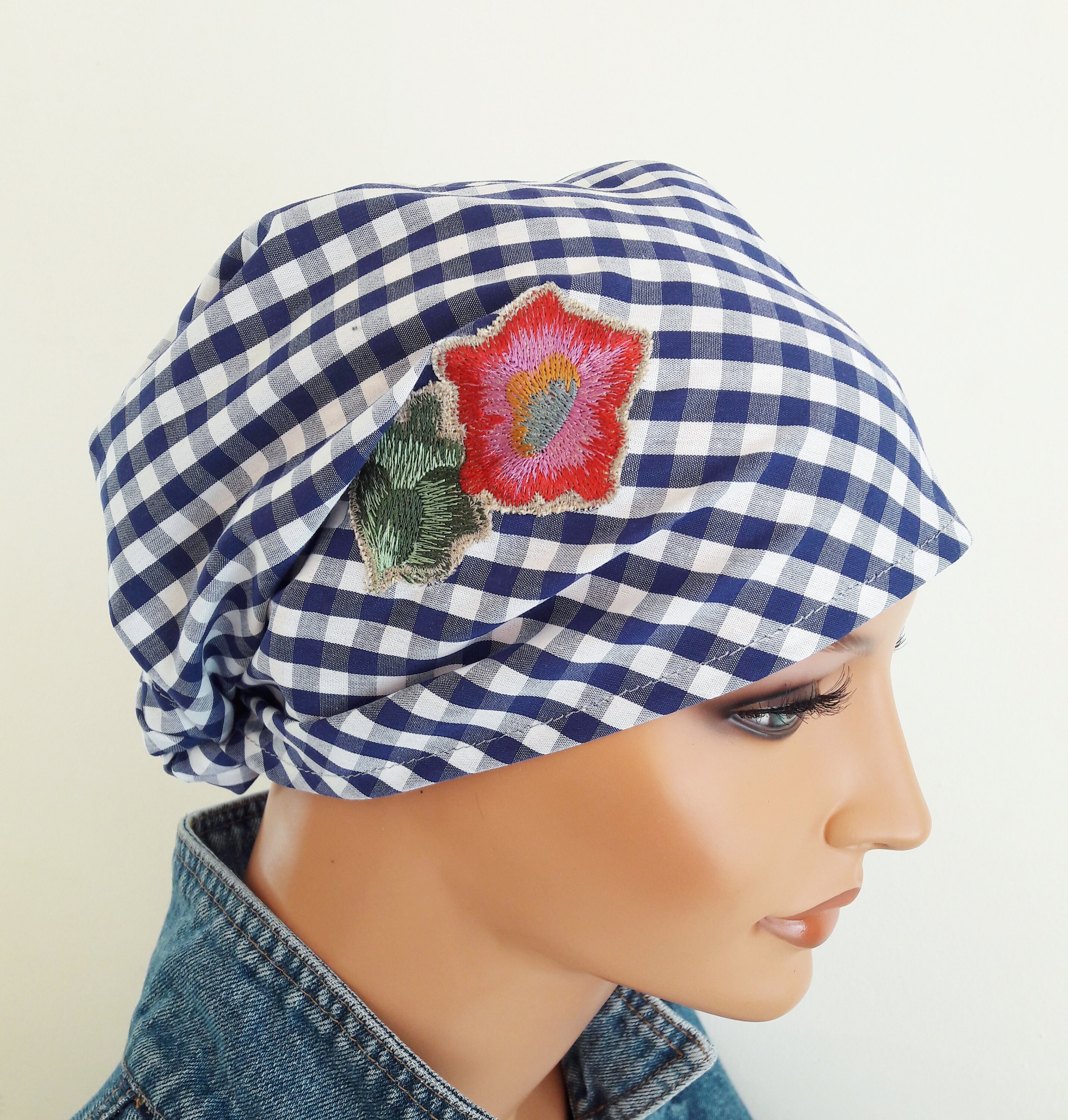 Damen Kopfbedeckung Sommer Tuch Bandana Weis Blau Karo Chemo Alopezie ...