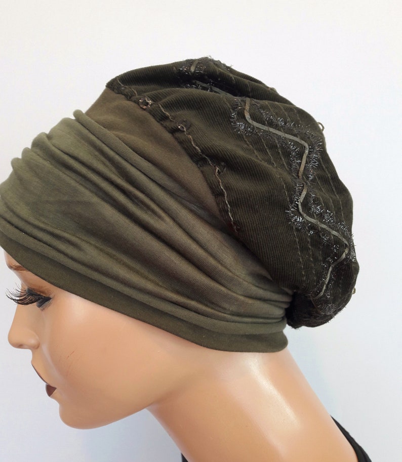 LUXURY Ladies Balloon Hat Winter Hat Dark Olive Kord with Pallets Embroidery CuffS Chemo Alopecia Instead of Wig