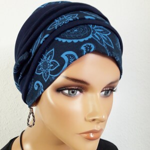 Originelle Damen Kopfbedeckung Wickeltuch Mütze Turban Dunkel Blau 2 Varianten Chemo Baumwolle Jersey statt Perücke Bild 4