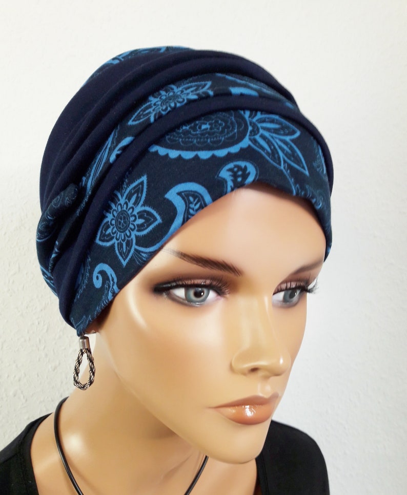 Originelle Damen Kopfbedeckung Wickeltuch Mütze Turban Dunkel Blau 2 Varianten Chemo Baumwolle Jersey statt Perücke Bild 4