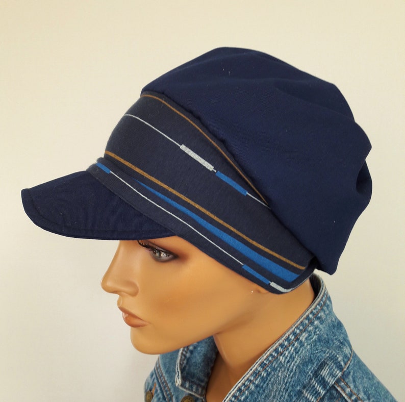 LUXUS Damen Schirmmütze Mütze Marine Blau Baumwolle Jersey-Streifen Band Chemo Alopezie Bild 2