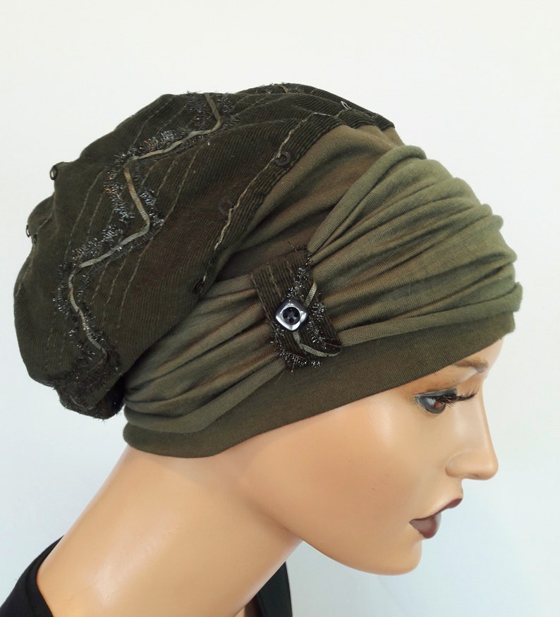LUXURY Ladies Balloon Hat Winter Hat Dark Olive Kord with Pallets Embroidery CuffS Chemo Alopecia Instead of Wig