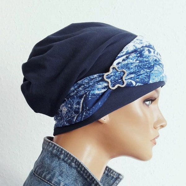 LUXE Bonnet Casquette Nuit Bleu Blanc Jersey Argent 2 pièces. Chimio alopécie