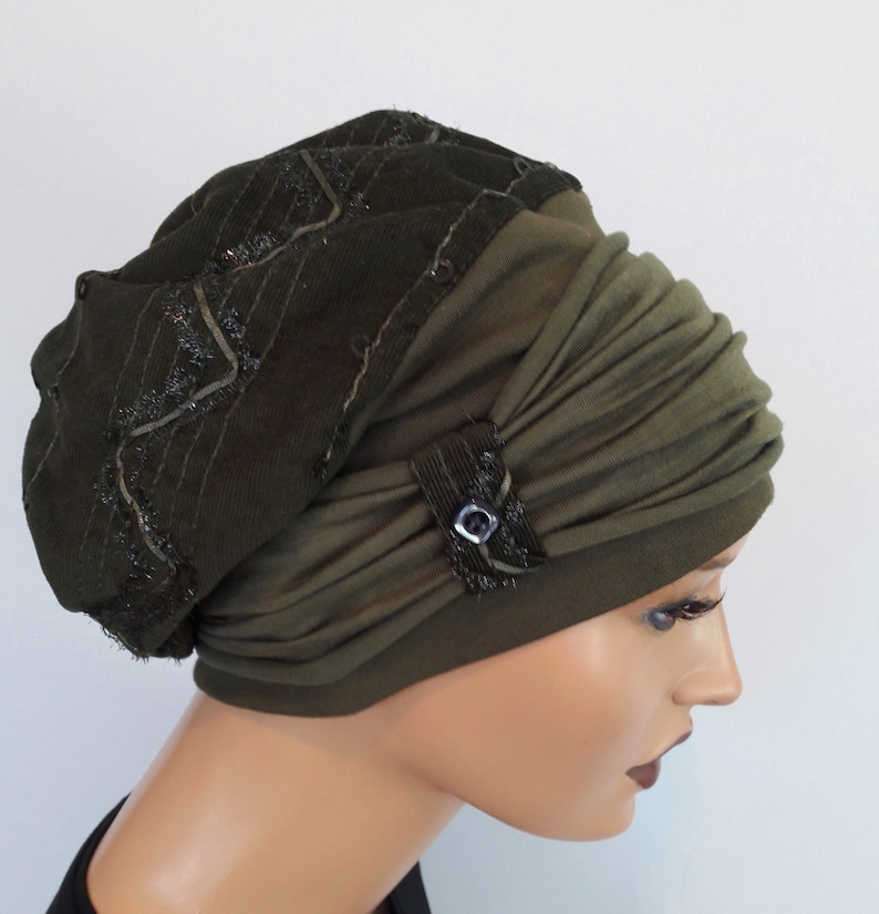 LUXURY Ladies Balloon Hat Winter Hat Dark Olive Kord with Pallets Embroidery CuffS Chemo Alopecia Instead of Wig