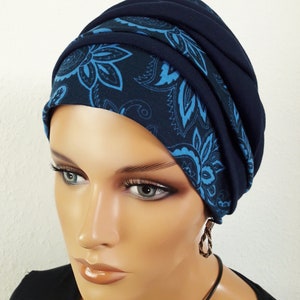 Originelle Damen Kopfbedeckung Wickeltuch Mütze Turban Dunkel Blau 2 Varianten Chemo Baumwolle Jersey statt Perücke Bild 10