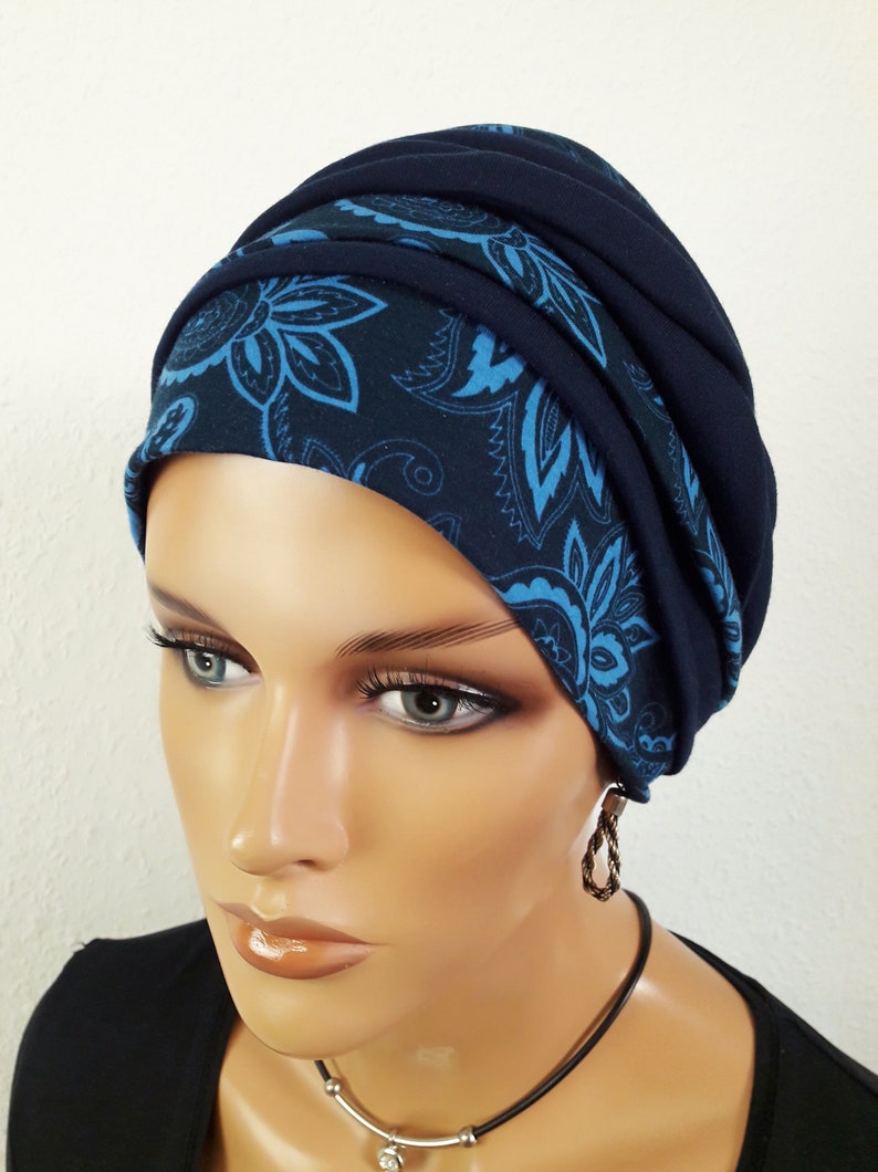 Originelle Damen Kopfbedeckung Wickeltuch Mütze Turban Dunkel Blau 2 Varianten Chemo Baumwolle Jersey statt Perücke Bild 10