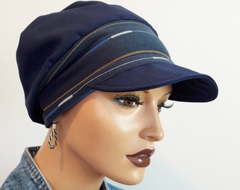 Frauen Schirmmütze Mütze Cap Marine Blau Baumwolle Jersey-Streifen -Band  Chemo Alopezie