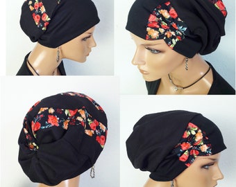 Frauen Kopfbedeckung Wendemütze  Beanie Mütze Bommelmütze Caps Schwarz Rot Blumen Jersey Chemo Alopezie statt Perücke