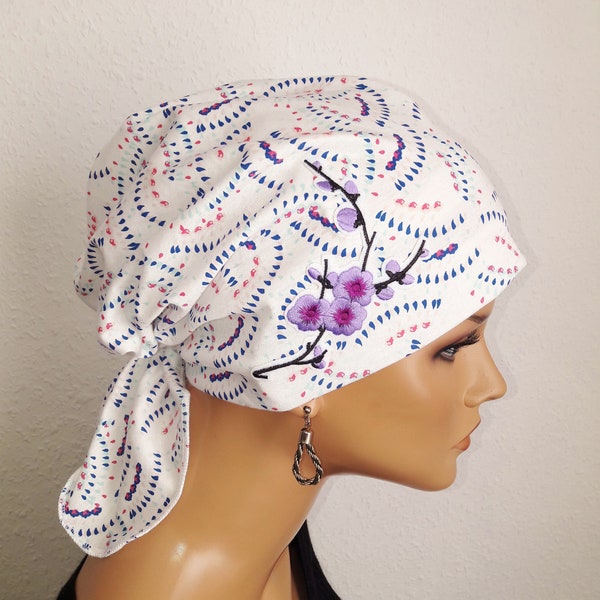 Summer headscarf hat bandana elastic band white colorful pure cotton jersey embroidery chemo alopecia cancer instead of a wig