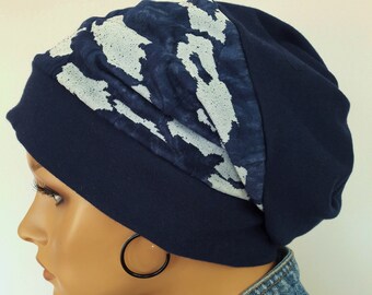 WOMEN'S reversible hat beanie hat turban hat bobble hat cotton jersey blue beige chemo alopecia instead of wig