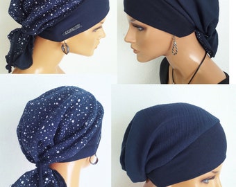 Chapeau foulard léger femme bleu nuit blanc tacheté éco-coton/mousseline des deux côtés chimio cancer au lieu de perruque