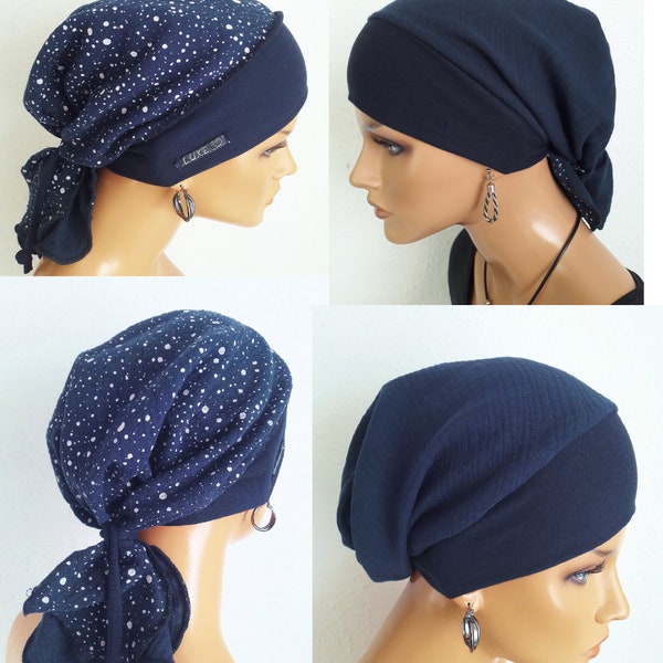 Chapeau foulard léger femme bleu nuit blanc tacheté éco-coton/mousseline des deux côtés chimio cancer au lieu de perruque