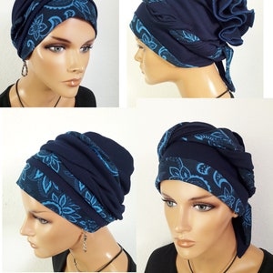Originelle Damen Kopfbedeckung Wickeltuch Mütze Turban Dunkel Blau 2 Varianten Chemo Baumwolle Jersey statt Perücke Bild 1
