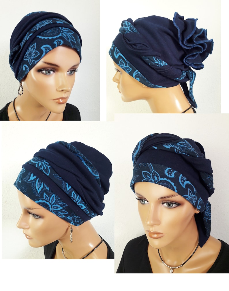 Originelle Damen Kopfbedeckung Wickeltuch Mütze Turban Dunkel Blau 2 Varianten Chemo Baumwolle Jersey statt Perücke Bild 1