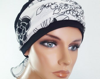 LUXUS Damen Mütze Ballonmütze Bandana Schwarz +Stirnband 2Teilig Chiffon-Wickeltuch Chemo Alopezie