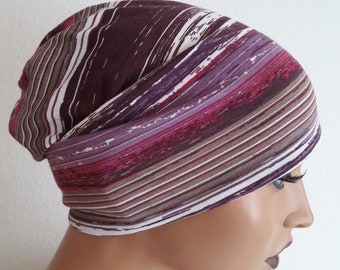 Women's Reversible Hat Beanie Hat Purple White Stripe Cotton Viscose Jersey Chemo Alopecia Instead of Wig