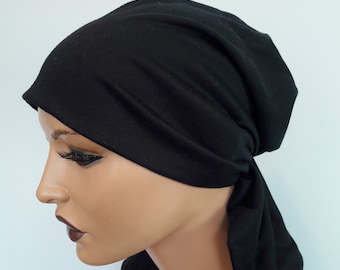 LUXUS Damen Kopfbedeckung Kopftuch Mütze Bandana Uni Schwarz  Ohne Binden Chemo Haarausfall