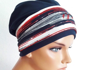 Damen Kopfbedeckung Beanie  Mütze Turban Stirnband 2 Teilig Dunkel Blau Weiß Rot Bunt Chemo Alopezie