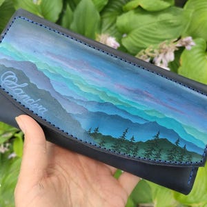 Cartera de lujo de piel azul oscuro para mujer, cartera larga personalizada, cartera de mano personalizada, cartera vintage, bolsa negra, cartera grande