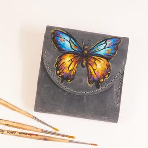 Blaue Lederne Brieftasche, Schmetterling kleine Brieftasche, Benutzerdefinierte Brieftasche Frau, Geldbörse, Handbemalte Brieftasche, einzigartiges Geschenk für sie, Ukrainischer Künstler