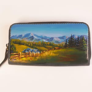Graue blaue Leder Geldbörse, große handbemalte Brieftasche, einzigartige Brieftasche Frau, blaue Geldbörse Frauen, Geschenk für sie, Ukrainische Künstlerin, Lederclutch