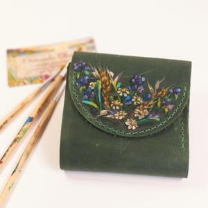 Cartera de piel verde, cartera pequeña, cartera personalizada para mujer, cartera mini bohemia, cartera vintage, cartera personalizada, regalo para mujer, estampado de flores