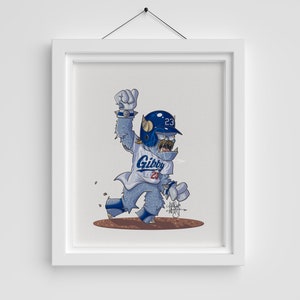 May include: A cartoon illustration of a blue and white baseball player wearing a helmet with the number 23 on it. The player is wearing a white jersey with the word "Gibby" and the number 23 on it. The player is in a running pose with his arm raised in the air.