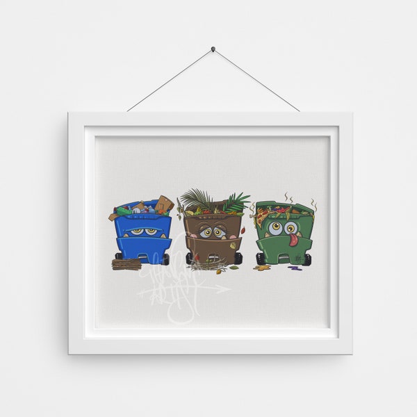 Garbage Day Theme  Print | Nursery | Wall Art | Cute Poster | Recycle Bins | Wall Decor