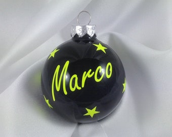 personalisierte Weihnachtskugel aus Glas - schwarz glanz - Schrift neon - 6 cm