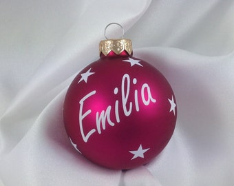 personalisierte Weihnachtskugel aus Glas - pink - Schrift weiß - 6 cm