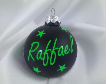 personalisierte Weihnachtskugel aus Glas - schwarz matt - Schrift neon - 6 cm